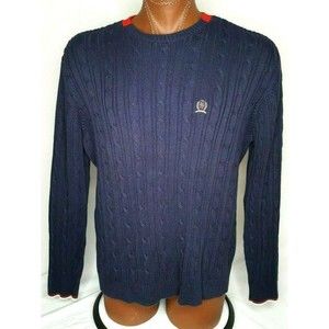 Tommy Hilfiger Cable Knit Sweater Mens Sz XL Navy Blue Color Block Collar Crest